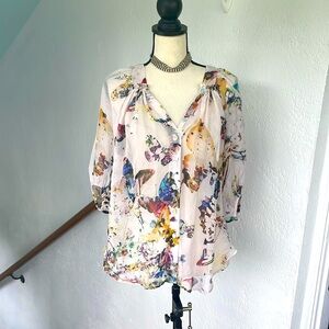 Fifteen Twenty Vintage Butterfly Motif Sheer Silk Floral Blouse oversized‎ XS